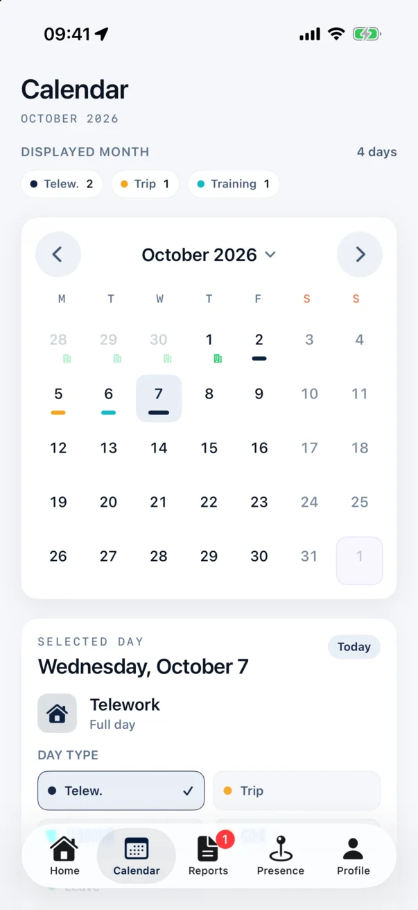 October calendar with telework, business trip, training and office days.
