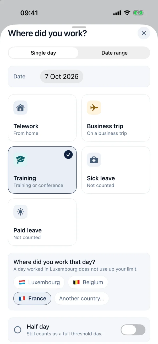 Logging a day: telework, business trip, training, and the country you worked in.