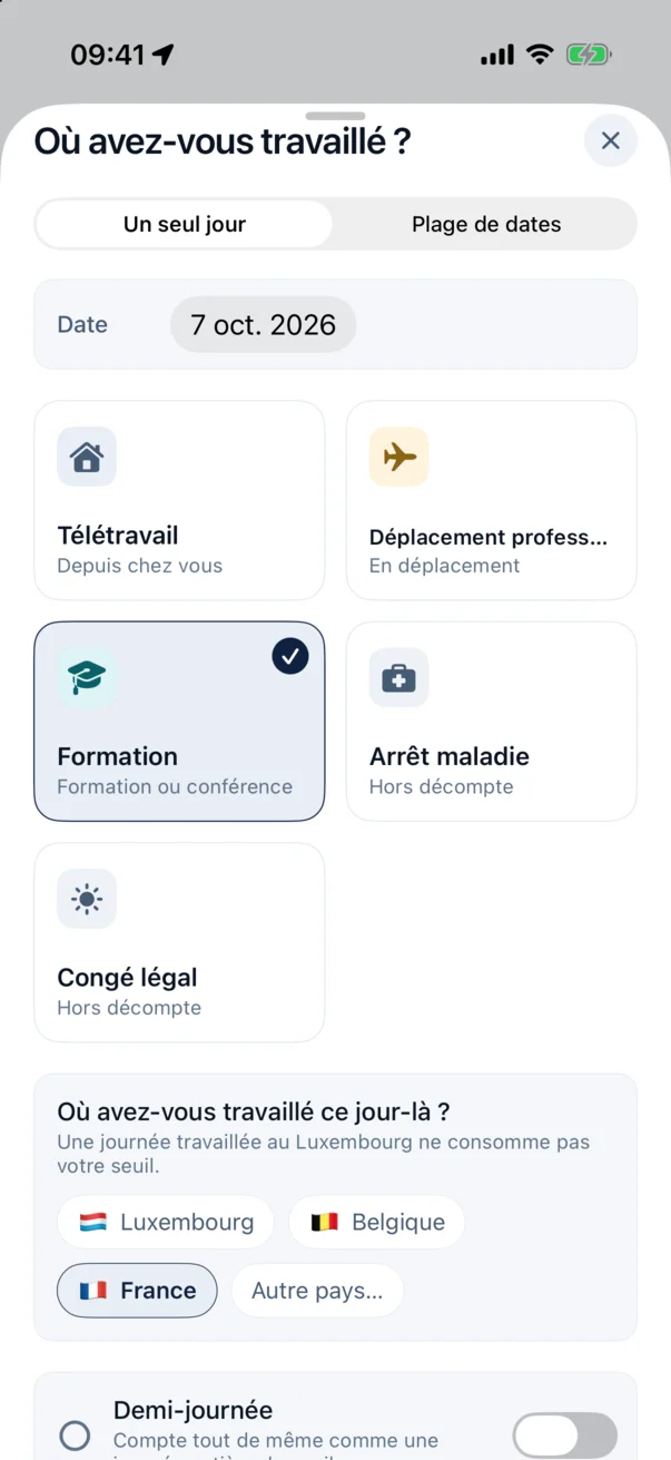 Enregistrer une journée : télétravail, déplacement, formation, et le pays où vous avez travaillé.