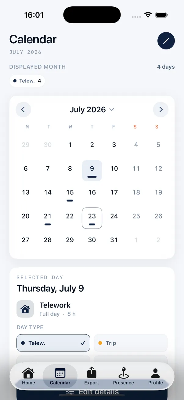 Calendrier mensuel avec les jours de télétravail marqués.