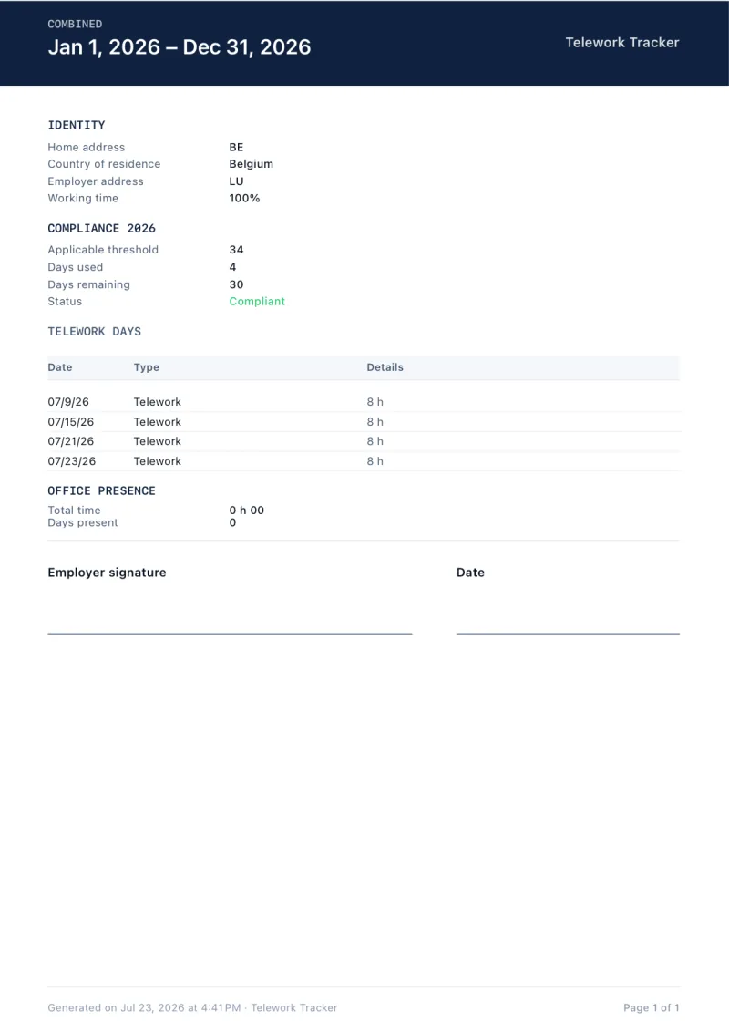 Rapport PDF réel généré par l'app : en-tête, conformité 2026, tableau des jours, ligne de signature.