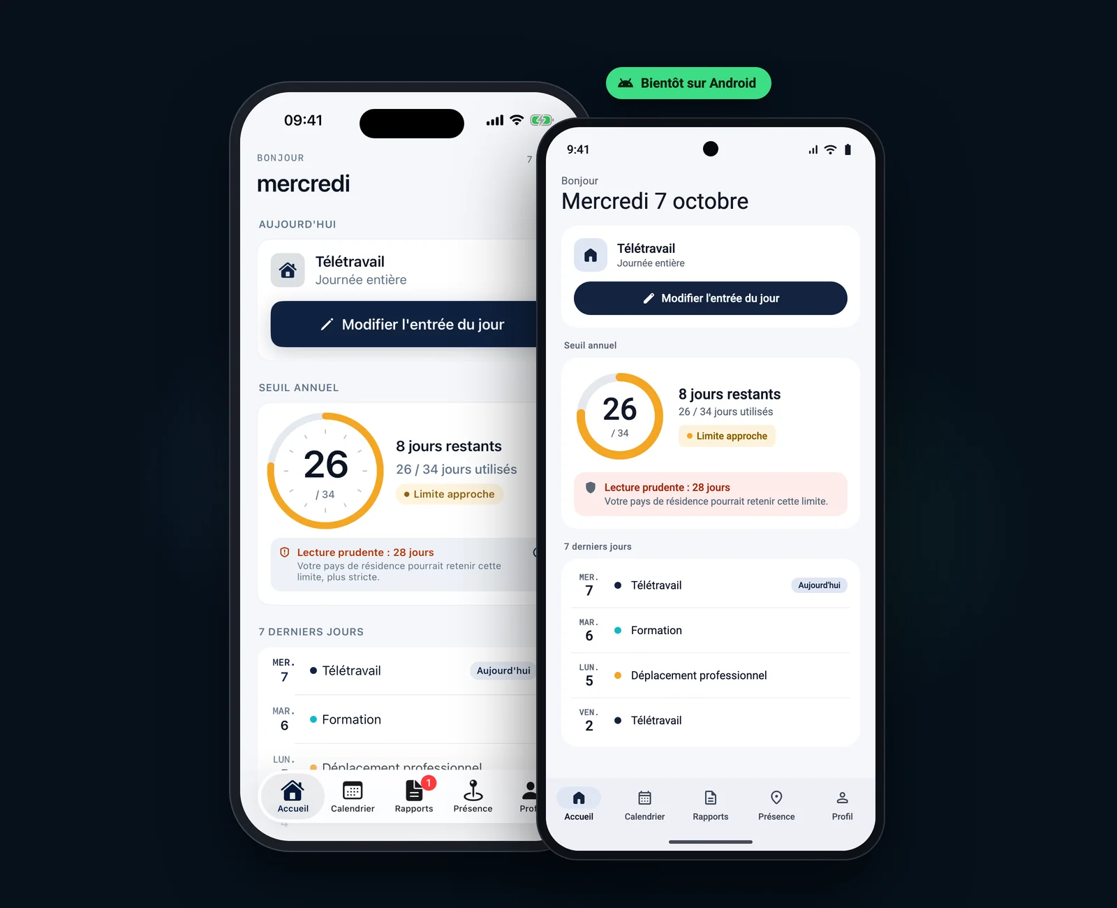 Telework Tracker sur iPhone et sur Android : 26 jours utilisés sur 34, limite approche.
